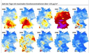 Regionen in Deutschland mit besonders hohen Ozon-Konzentrationen (gelb bis dunkelrot) von 2000 bis 2009. - Foto: gik