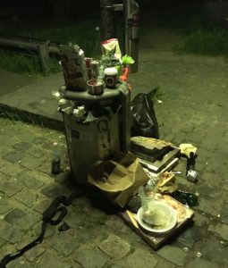 Pizzakartons stapeln sich an einem Mülleimer am Mainzer Rheinufer. - Foto: gik 