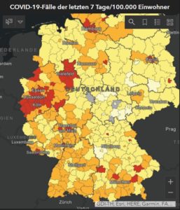Karte der Corona-Inzidenzen in Deutschland laut RKI am 16. August 2021: die roten Flecken werden wieder größer. - Screenshot: gik