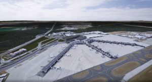 Die drei Flugsteige des neuen Terminals 3 aus der Luft gesehen - per Visualisierung im neuen Imagefilm der Fraport. - Screenshot: gik