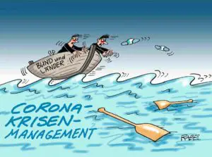 Das Corona-Krisenmanagement der Politik in Deutschland bekam über zwei Jahre hinweg keine wirklich guten Noten - hier eine Karikatur von Ralf Böhme aus dem Herbst 2021. - Grafik: RABE-Cartoon