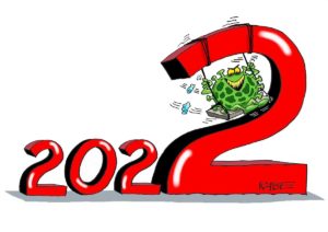Vor allem einer freut sich auf das Jahr 2022: die neue Corona-Mutante Omikron. - Karikatur: Rabe Cartoon