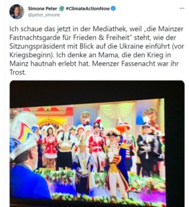 Post der Grünen Simone Peter auf Twitter zu "Mainz bleibt Mainz" - und zu Eltern, die den Krieg noch selbst erlebt haben. - Foto: gik