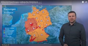 Unwetterwarnung des Deutschen Wetterdienstes mit Meteorologe Sebastian Altnau.- Screenshot: gik