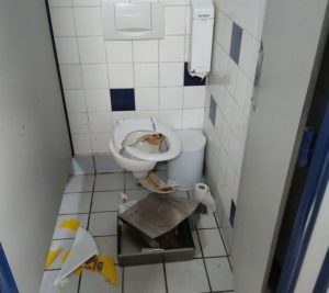 Zerstörte Toilette im Mainzer Volkspark - ein großes Problem bei den Örtchen ist Vandalismus. - Foto: gik