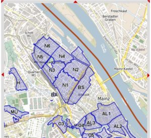 Bereiche des Bewohnerparkens in Mainz. - Karte: Interaktiver Stadtplan, Stadt Mainz