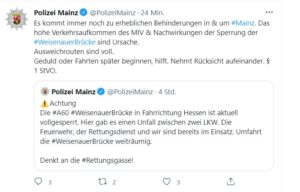 Die beiden einzigen Tweets der Mainzer Polizei zum Unfall und den Sperrungen auf der A60. - Foto: gik