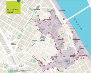 Karte der Verkehrs-Sperrzone in der Mainzer Innenstadt zum Rheinland-Pfalz-tag 2022. - Grafik: Stadt Mainz