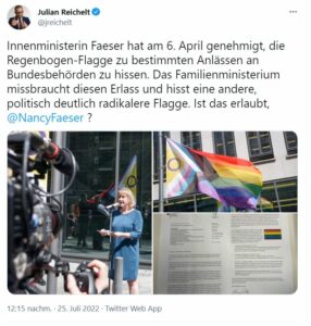 Tweet Julian Reichelt zur Progress-Regenbogenflagge vor dem Bundesfamilienministerium in Berlin. - Screenshot: gik