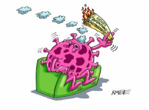 Glückliches Coronavirus: Es berauscht sich am neuen Infektionsschutzgesetz. - Karikatur: Rabe Cartoon