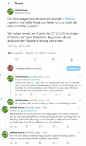 Tweets der Mainzer Grünen zu der verfrühten Plakatierungsaktion im OB-Wahlkampf. - Screenshots: gik
