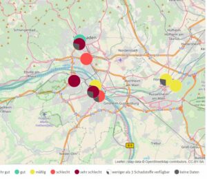Luftmesswerte in Mainz und Wiesbaden um 21.00 Uhr am Neujahrsabend: Tiefrote Bereiche, miserable Luftqualität . - Screenshot: gik
