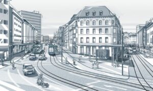So soll die Straßenbahn-Spange entlang der Binger Straße einmal aussehen. - Grafik: Mainzer Mobilität 
