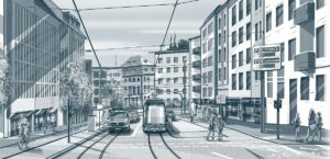 So sollen die Straßenbahn-Spuren und Autofahrspuren in der Binger Straße einmal aussehen. - Grafik: Mainzer Mobilität