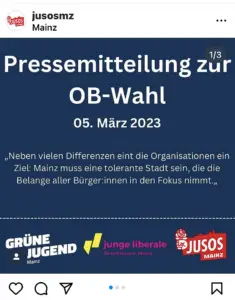 Pressemitteilung von Jusos, JuLis und Grüner Jugend zur OB-Stichwahl in Mainz auf Instagram. - Screenshot: gik