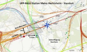 Standort der Ultrafeinstaub-Messstation im Süden von Mainz-Hechtsheim (roter Punkt) und die Anflugschneisen zum Frankfurter Flughafen bei Ostwind. - Grafik: Alt