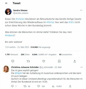 Tweet von Sandra Weeser und Gegentweet der Grünen.-Kollegin. - Screenshots: gik