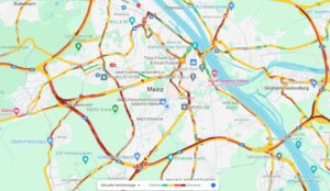 Verkehrslage in Mainz am späten Montagnachmittag. - Screenshot: gik