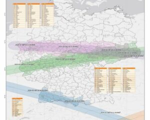 Grafik der voraussichtlichen Überflugbahnen des Batteri4epakets der ISS über Deutschland - die mittlere Linie ist für Freitag, den 8. März am späten Nachmittag prognostiziert. - Grafik: BBK