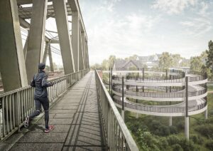 Visualisierung der "Kaiserspindel" an der Kaiserbrücke: eine Auffahrtrampe für in Spindelform. - Grafik A. Calitz
