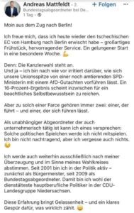 Post des niedersächsischen Bundestagsabgeordneten Andreas Mattfeldt am Morgen der Kanzlerwahl. - Screenshot: gik