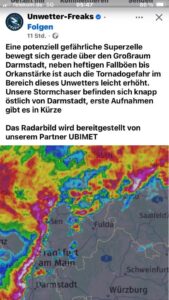 Diese Warnung vor einer sich bildenden Superzelle posteten die "Unwetter-Freaks" am Samstag auf Facebook. - Screenshot: gik