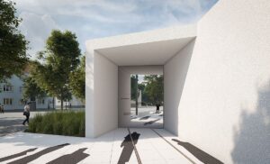 Das Torhaus an dem "Gedenkort Deportationsrampe" mit dem überdimensionalen Spiegel. - Grafik: Schmelzer Weber SW Architekten