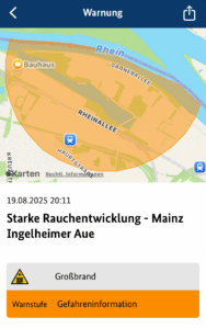 Warnung vor Rauchentwicklung und Gestank durch den Brand im Müllheizkraftwerk Mainz am Dienstagabend. - Screenshot: gik
