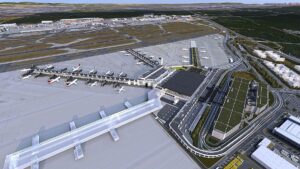 Grafische Ansicht des neuen Terminal 3 von oben: Drei Flugsteige jetzt, Erweiterung in Zukunft möglich. - Grafik: Fraport