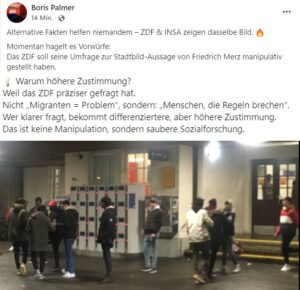 Postings des Tübinger Oberbürgermeisters Boris Palmer zur Stadtbild-Debatte und der ZDF-Umfrage auf Facebook. Die Screenshots stammen aus mehreren Postings, das Foto postete Palmer selbst zu der Debatte. - Screenshots & Collage: gik
