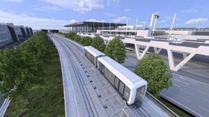 So soll die Skyline-Bahn am Terminal 3 einmal aussehen. - Grafik: Fraport