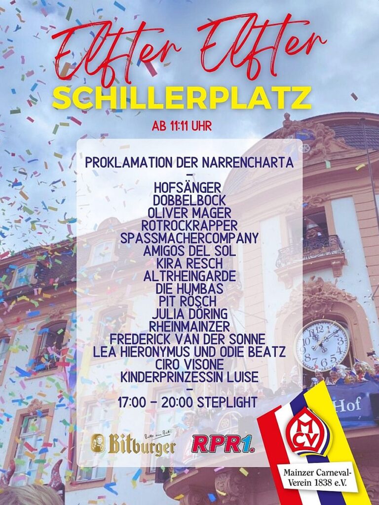 Bühnen-Programm für den 11.11.2025 auf dem Mainzer Schillerplatz. - Grafik: MCV