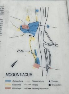 Eine grobe Karte des antiken Mogontiacums mit Legionslagern, Zivilsiedlungen und den in gelb markierten Gräberstraßen. - Foto: gik