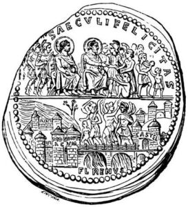 Das Lyoner Bleimedaillon zeigt die zwei Kaiser und flehende Bürger oben, und die Rheinbrücke von Mainz unten. - Zeichnung: ETH Zürich via Wikipedia