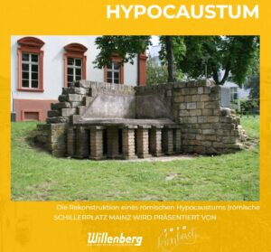 Rekonstruktion eines tatsächlich beim Bau der Tiefgarage Proviantamt gefunden antiken römischen Fußbodenheizung, einem Hypokaustum, in der Grünanlage neben dem Proviantamt. - Foto: Willenberg