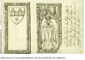 Die Zeichnungen des Franz Bodmann von dem angeblichen Grabstein von Ritter Ortwin und Ageduch und seiner Frau Iutta. - Quelle: Stadtarchiv Mainz via Mainz.de