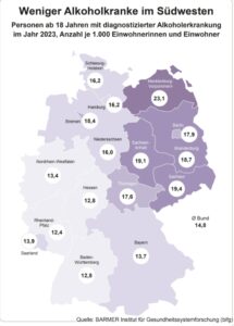 Karte der Barmer Krankenkasse zu Alkoholabhängigkeit in Deutschland. - Grafik: Barmer 