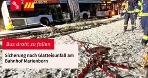 Die Mainzer Feuerwehr musste am frühen Samstagmorgen einen Linienbus vor dem Absturz am Bahnhof Marienborn sichern. - Foto: Feuerwehr Mainz 