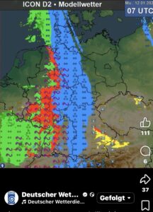 Heranziehende Regenfront von Tief "Gunda" im Wettermodell des DWD. - Video: DWD, Screenshot: gik