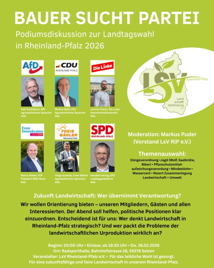 Termin& – Bauer sucht Partei: Podiumsdiskussion zur Landtagswahl 2026 in Selzen – Themen Wolf, Düngeverordnung, Mindestlohn