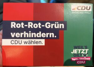 Plakat und Postkarte der CDU RLP: Warnung vor einer Koalition zwischen SPD, Grünen und Linkspartei. - Grafik: CDU RLP Foto: gik