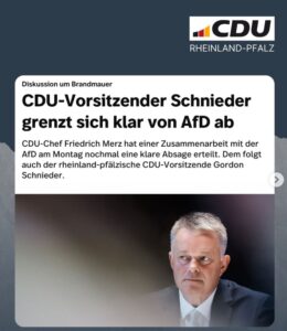 CDU-Spitzenkandidat Gordon Schnieder hat sein Monaten jeder Zusammenarbeit mit der AfD eine klare Absage erteilt, hier ein Post aus dem Oktober 2025. - Grafik: CDU RLP 