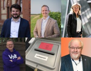 Diese Direktkandidaten treten im Wahlkreis III für Grüne, CDU, FDP, Volt und ÖDP an - und haben unseren Mainz&-Fragebogen beantwortet. - Collage: Mainz&