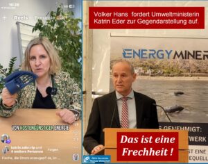 Umweltministerin Katrin Eder (Grüne) wirbt in einem Instagram-Post mit der Initiative "Energy Fische", der Mainzer FDP-Politiker Volker Hans protestiert. - Fotos: Mainz& 
