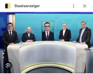 TV-Duell zur Landtagswahl in Baden-Württemberg mit den Kandidaten Manuel Hagel (CDU, ganz links) und Cem Özdemir (Grüne Mitte) - übrigens auch ein eine reine Männerrunde. - Foto: Staatsanzeiger 