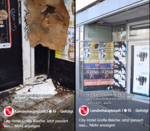 Eingang zum Neubrunnenhof, dem früheren City-Hotel vor der Reinigung durch die Stadt und danach. - Fotos: Stadt Mainz 