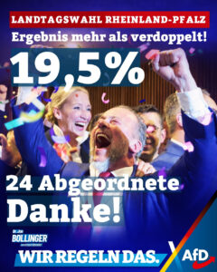 Jubel der AfD mit Spitzenkandidat Jan Bollinger am Wahlabend in Rheinland-Pfalz. - Grafik & Post: AfD RLP