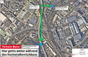 In den sozialen Netzwerken gab die Stadt Mainz nun Einzelheiten zu den Interimsstandorten für das Mainzer Tierheim während des Abrisses der Mombacher Hochstraße bekannt. - Karte: Stadt Mainz 