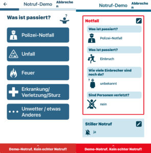 Beispielmeldung für einen Einbruch via Notruf-App Nora und als "stille Meldung", natürlich im Demo-Modus. - Screenshots: gik