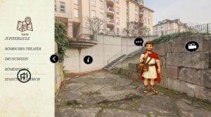 Händler Marcus Julius Primus begrüßt die Besucher in den Resten des antiken römischen Stadttors auf dem Kästrich. - Screenshot: gik
